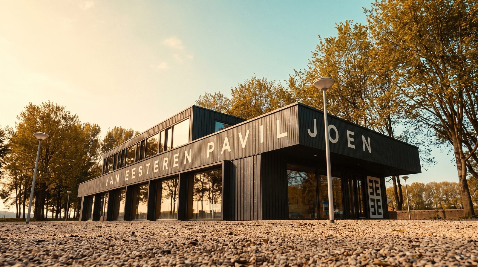 Van Eesteren Paviljoen in Amsterdam Nieuw-West bij avondlicht